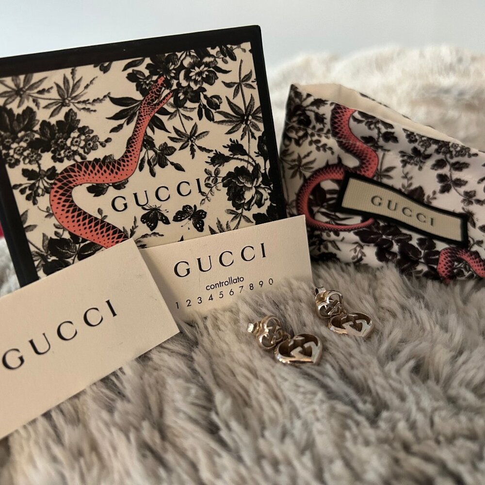Gucci Love Britt Double Heart Drop Earrings, Sterling Silver – w/Box, Bag & Cert